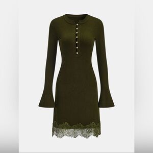 Commense Olive Long Sleeve Dress with Lace Hem